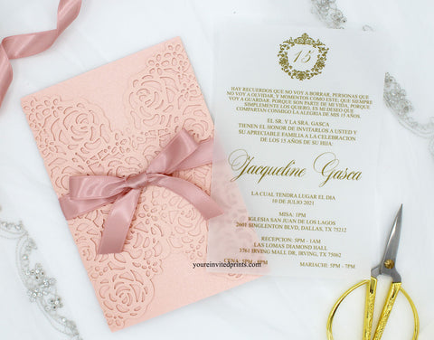 Pink Blush Laser Cut Invitation with Dusty Blush Color Ribbon