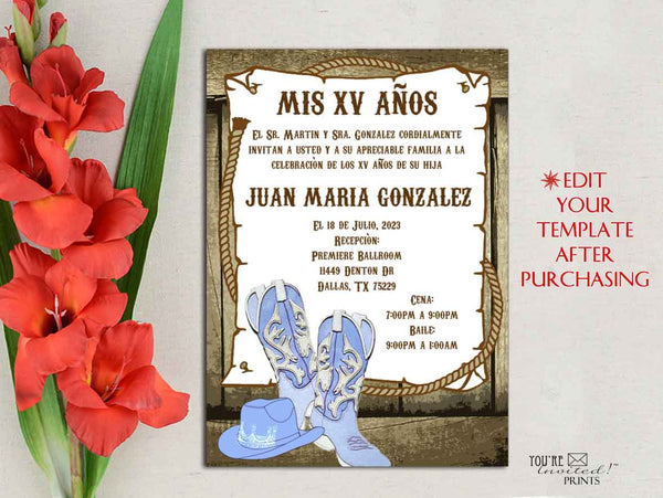 Digital Invitation Template - 5x7 Editable Invitation - Blue Cowboy Western Boots Hat theme Quinceañera Sweet 16 invitation, Printable DIY