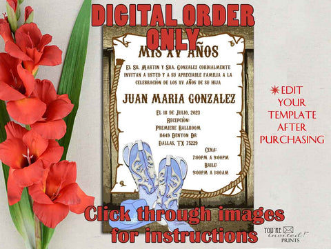 Digital Invitation Template - 5x7 Editable Invitation - Blue Cowboy Western Boots Hat theme Quinceañera Sweet 16 invitation, Printable DIY