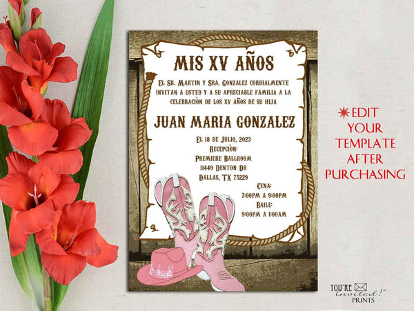 Digital Invitation Template - 5x7 Editable Invitation - Pink Cowboy Western Boots Hat theme Quinceañera Sweet 16 invitation, Printable DIY