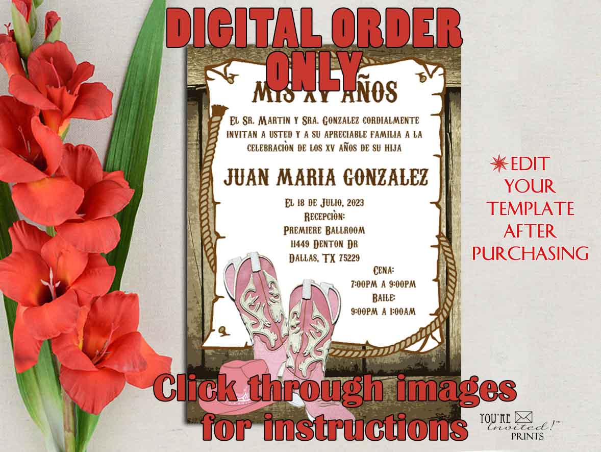 Digital Invitation Template - 5x7 Editable Invitation - Pink Cowboy Western Boots Hat theme Quinceañera Sweet 16 invitation, Printable DIY