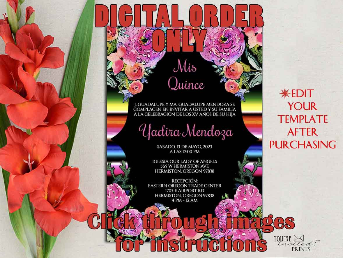 Digital Invitation Template - 5x7 Editable Invitation - Mexican Sarape Fiesta with Black Quinceañera Sweet Sixteen invitation, Printable DIY