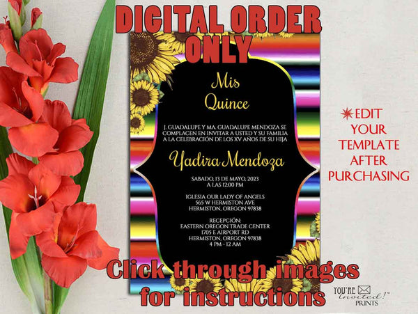 Digital Invitation Template - 5x7 Editable Invitation - Mexican Sarape Sunflower Fiesta Quinceañera Sweet Sixteen invitation, Printable DIY