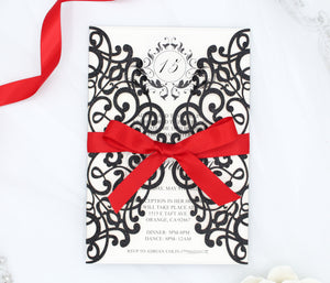 Elegant Black Glitter Laser Cut Quinceañera Sweet 16 Invitation