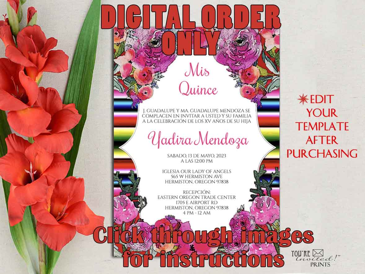 Digital Invitation Template - 5x7 Editable Invitation - Mexican Sarape Fiesta Quinceañera Sweet Sixteen invitation, Printable DIY