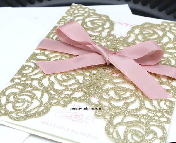 Champagne Gold Glitter With Pink Ribbon Laser Cut Invitations