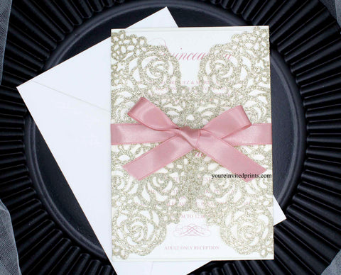 Champagne Gold Glitter With Pink Ribbon Laser Cut Invitations