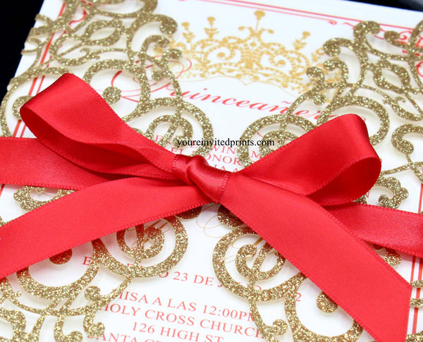 Gold Glitter Red Ribbon Laser Cut Invitations