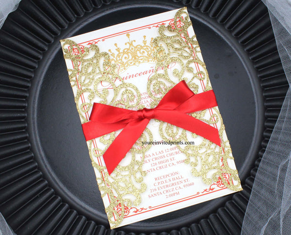 Gold Glitter Red Ribbon Laser Cut Invitations