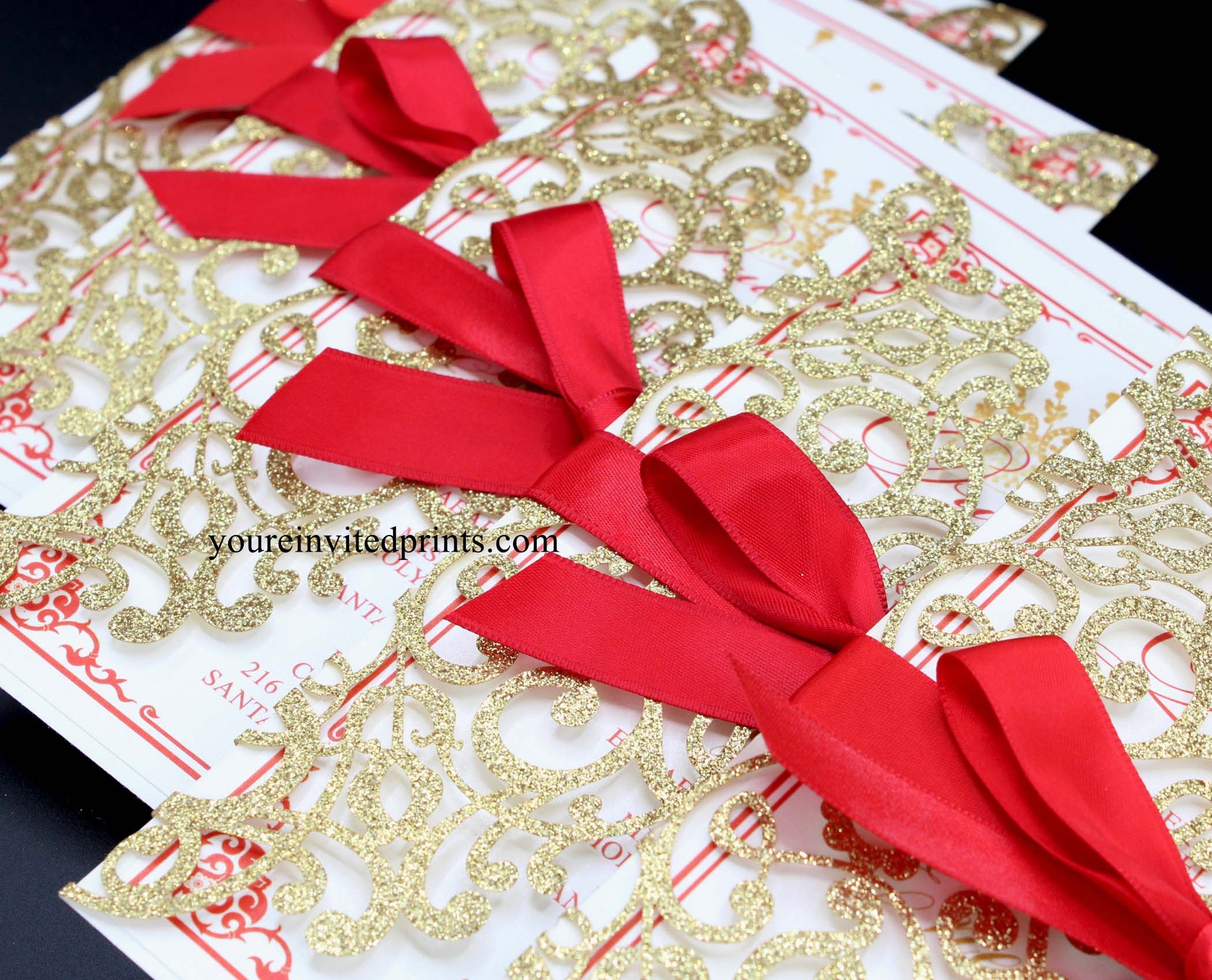 Gold Glitter Red Ribbon Laser Cut Invitations