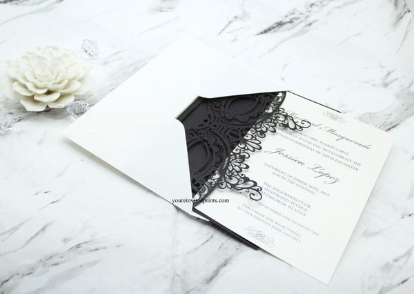 Elegant Black Masquerade Laser Cut Quinceañera Sweet 16 Invitation