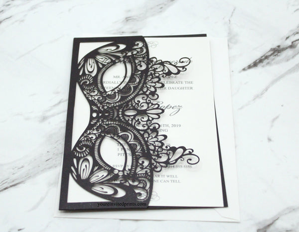 Elegant Black Masquerade Laser Cut Quinceañera Sweet 16 Invitation