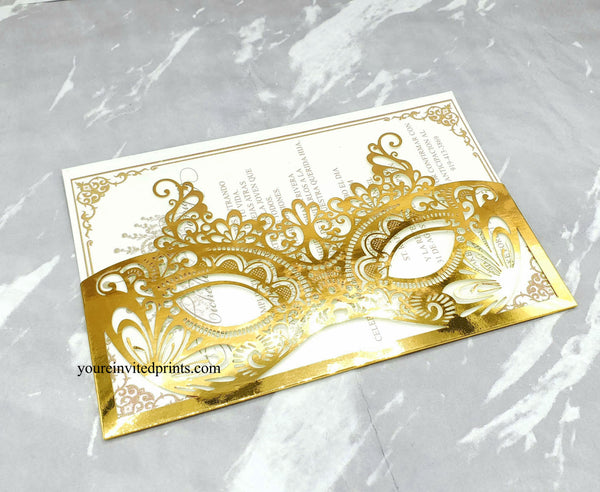 Gold Masquerade Mask Laser Cut Invitation, Shiny Gold Mask Quinceañera Invite