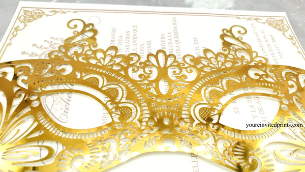 Gold Masquerade Mask Laser Cut Invitation, Shiny Gold Mask Quinceañera Invite