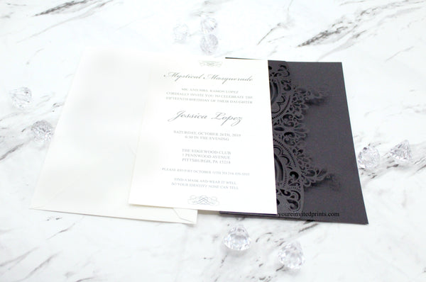 Elegant Black Masquerade Laser Cut Quinceañera Sweet 16 Invitation