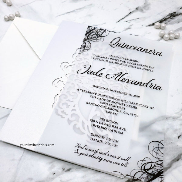 Elegant White Shimmer Masquerade Laser Cut Quinceañera Sweet 16 Invitation