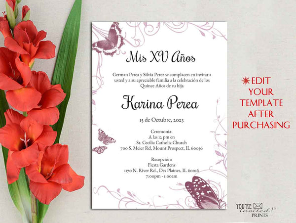 Digital Invitation Template - 5x7 Editable Invitation - Pink Butterfly theme Quinceañera Sweet 16 invitation, Printable DIY