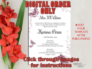 Digital Invitation Template - 5x7 Editable Invitation - Pink Butterfly theme Quinceañera Sweet 16 invitation, Printable DIY