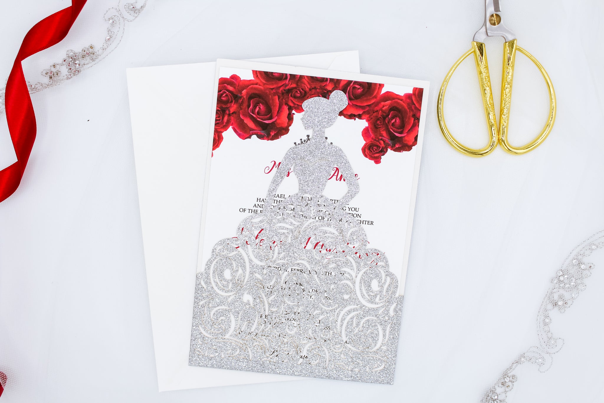 Silver Glitter XV Girl Dress Laser Cut Invitation