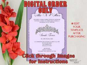 Digital Invitation Template - 5x7 Editable Invitation - Purple Elegant Princess Crown Quinceañera Sweet 16 invitation, Printable DIY