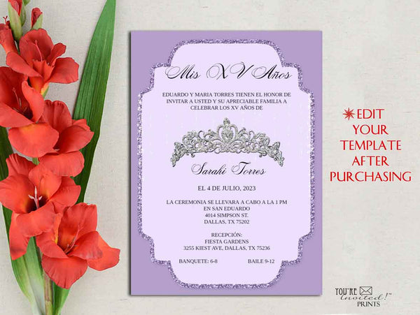 Digital Invitation Template - 5x7 Editable Invitation - Purple Elegant Princess Crown Quinceañera Sweet 16 invitation, Printable DIY