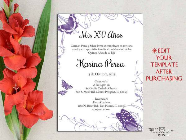 Digital Invitation Template - 5x7 Editable Invitation - Purple Butterfly theme Quinceañera Sweet 16 invitation, Printable DIY