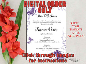 Digital Invitation Template - 5x7 Editable Invitation - Purple Butterfly theme Quinceañera Sweet 16 invitation, Printable DIY