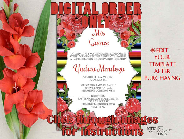 Digital Invitation Template - 5x7 Editable Invitation - Red Mexican Sarape Mexican Fiesta Quinceañera Sweet Sixteen invitation, Printable DIY