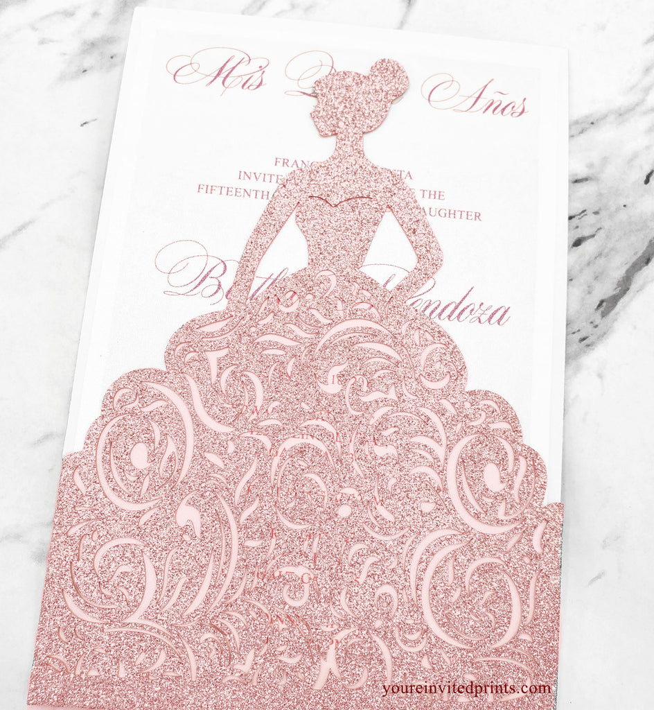 rose gold sparkle dress quinceanera invitation Rose Gold Dress Quinceaera Invitation