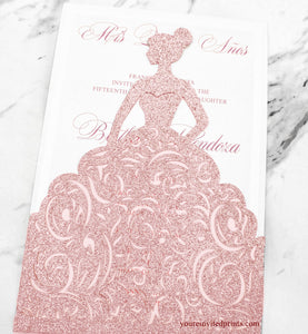 Rose Gold Glitter XV Girl Dress Unique Laser Cut Invitation