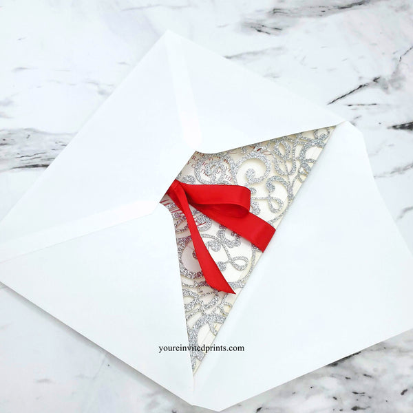 Silver Glitter Laser Cut Invitations, Red Ribbon Quinceañera Invitation