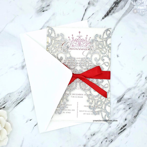 Silver Glitter Laser Cut Invitations, Red Ribbon Quinceañera Invitation