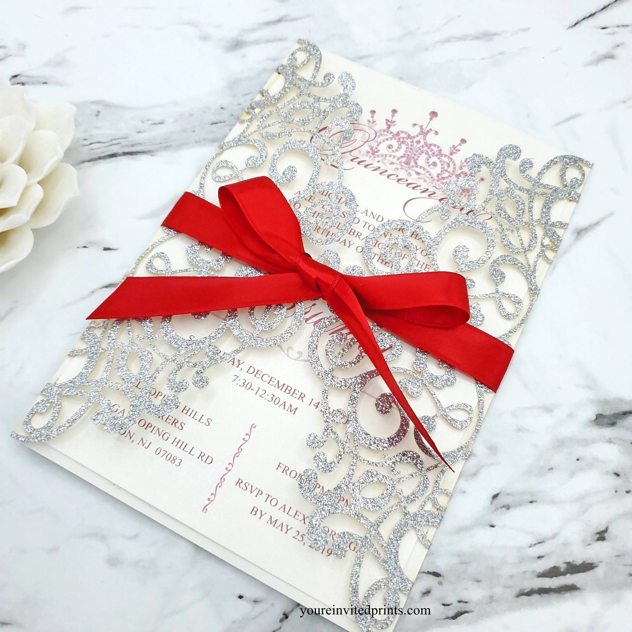 Silver Glitter Laser Cut Invitations, Red Ribbon Quinceañera Invitation