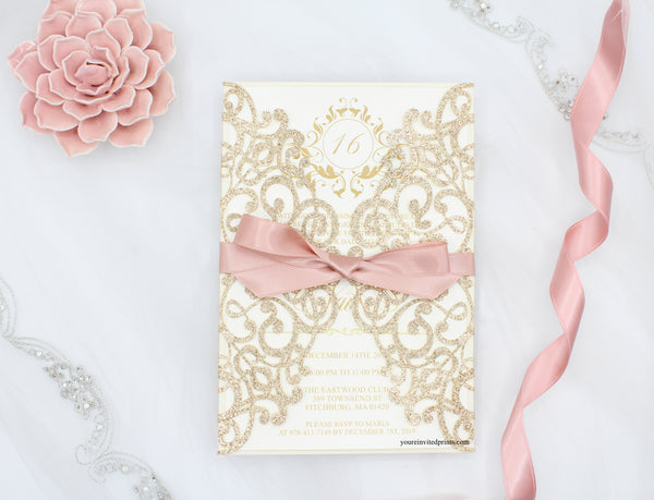 Champagne Gold Glitter Laser Cut Invitations with Pink Ribbon, Unique Gold Glitter Pink Ribbon Quinceañera Sweet 16 Invitation