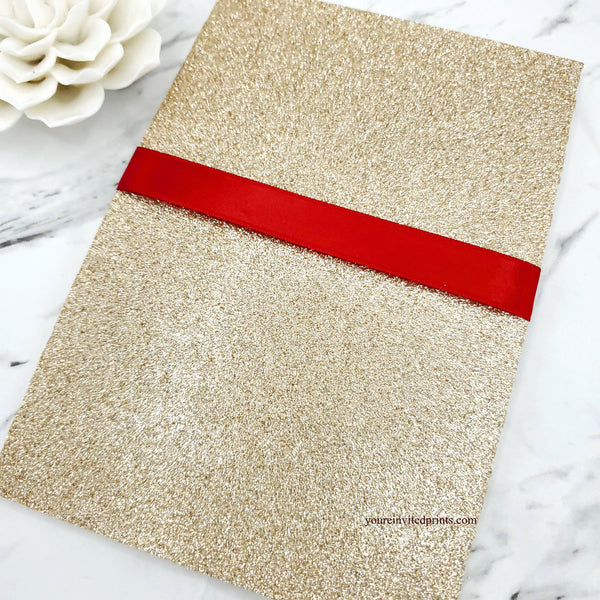 Champagne Gold Glitter Laser Cut Invitations, Red Ribbon Quinceañera Invitation