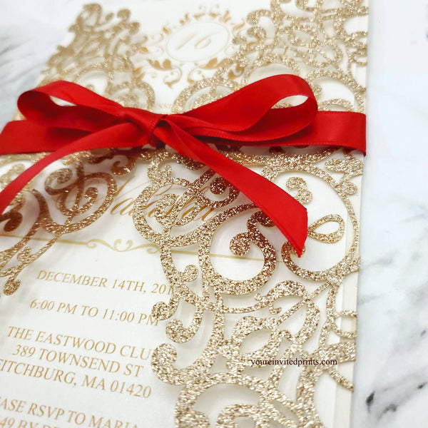 Champagne Gold Glitter Laser Cut Invitations, Red Ribbon Quinceañera Invitation