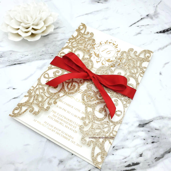 Champagne Gold Glitter Laser Cut Invitations, Red Ribbon Quinceañera Invitation