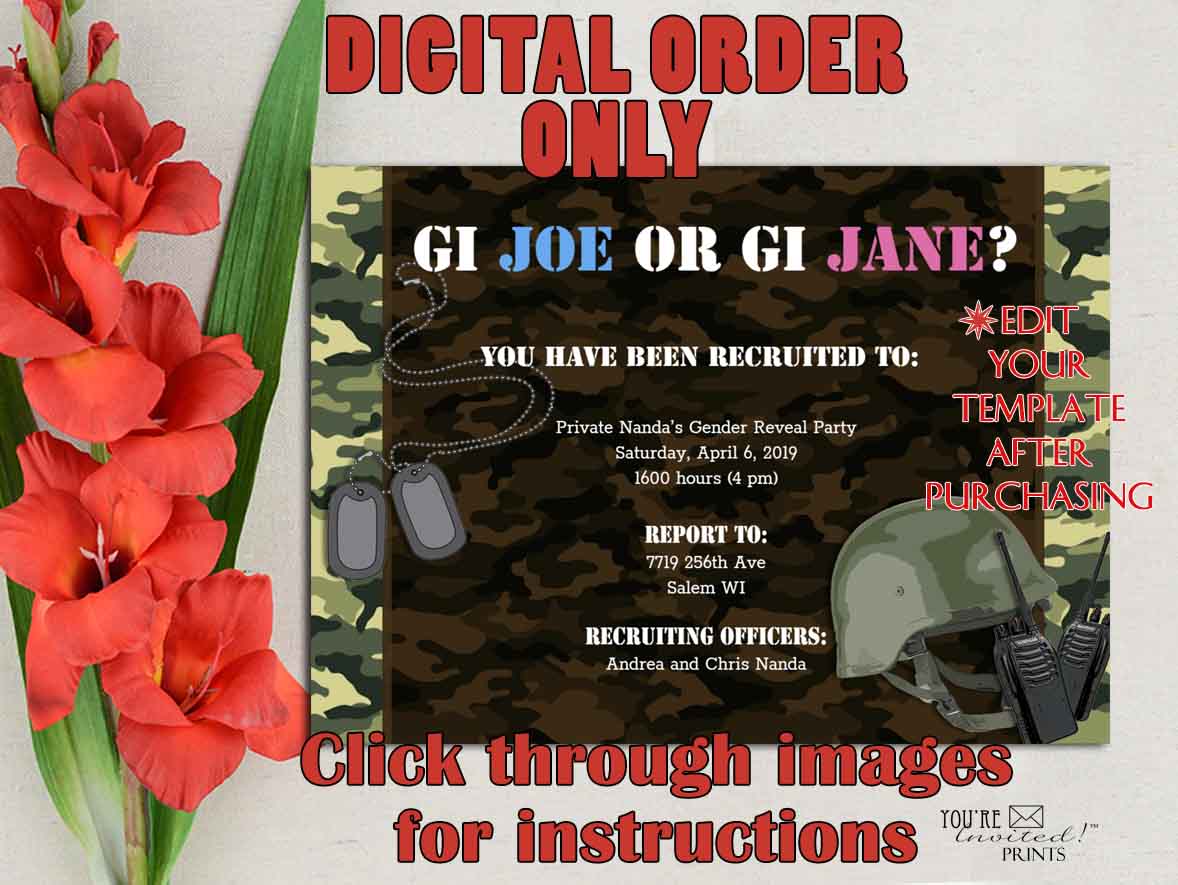 Digital Invitation Template - 5x7 Editable Invitation - Gender Reveal Camo invitation, Military theme invitation, Printable DIY