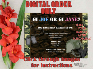 Digital Invitation Template - 5x7 Editable Invitation - Gender Reveal Camo invitation, Military theme invitation, Printable DIY