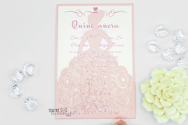 Light Pink Quinceañera Princess Dress Laser Cut Invitation